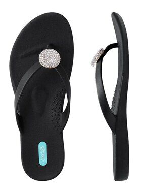 Oka-B Lucky Flip Flops Sandals Rhinestone Circle Accent Waterproof Black